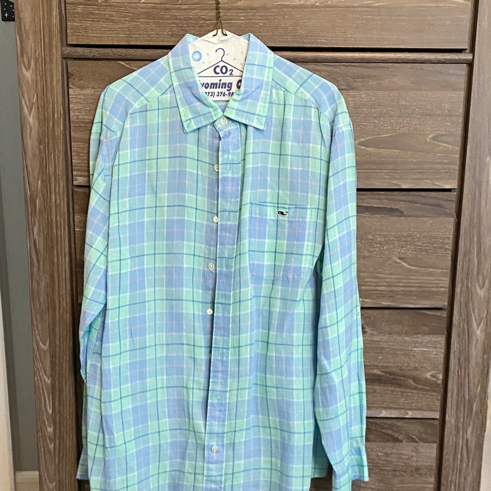Vineyard Vines Light Blue and Green Plaid Classic Fit Tucker Shirt